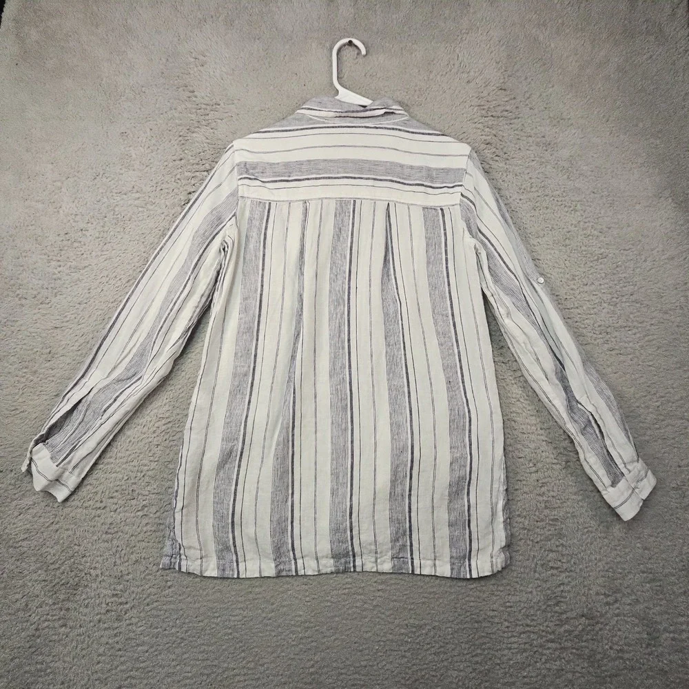 Athleta Shirt Womens XS White 100% Linen Striped Roll Tab L/S Top Coastal Beach‎